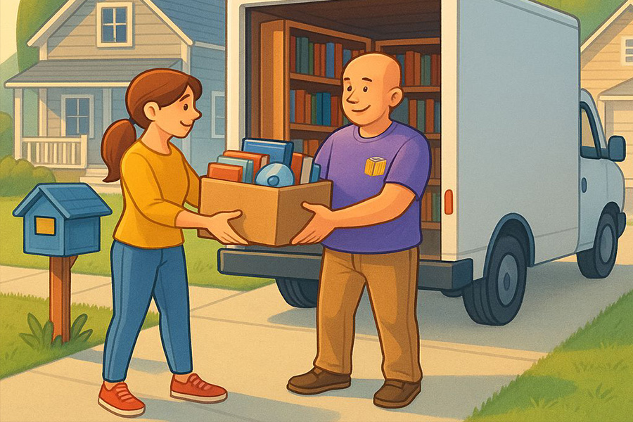 Volunteer receiving book donations at the shop