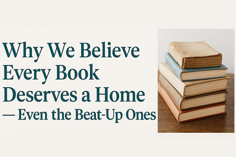 Stack of well-loved books on a wooden table